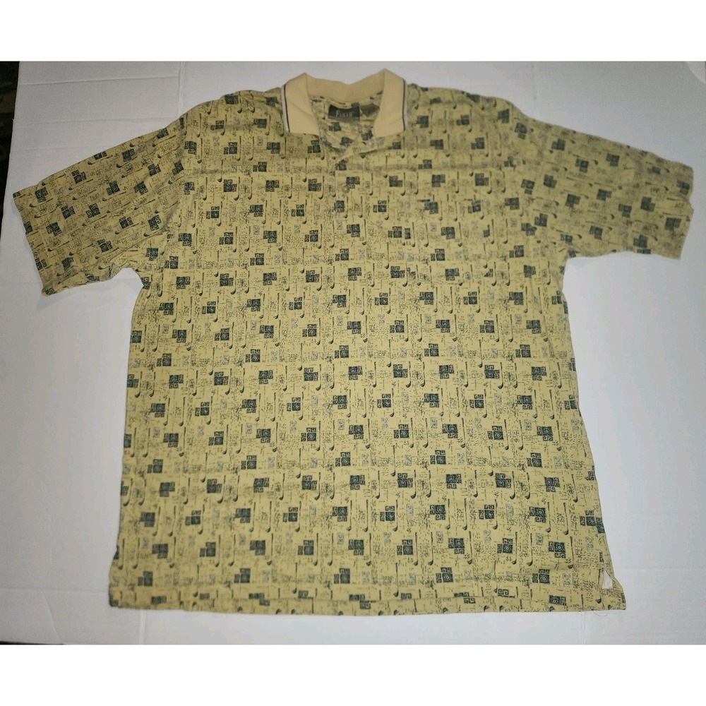 Farah Polo Shirt Mens XL Beige Golf Clubs Allover Print 90s Style